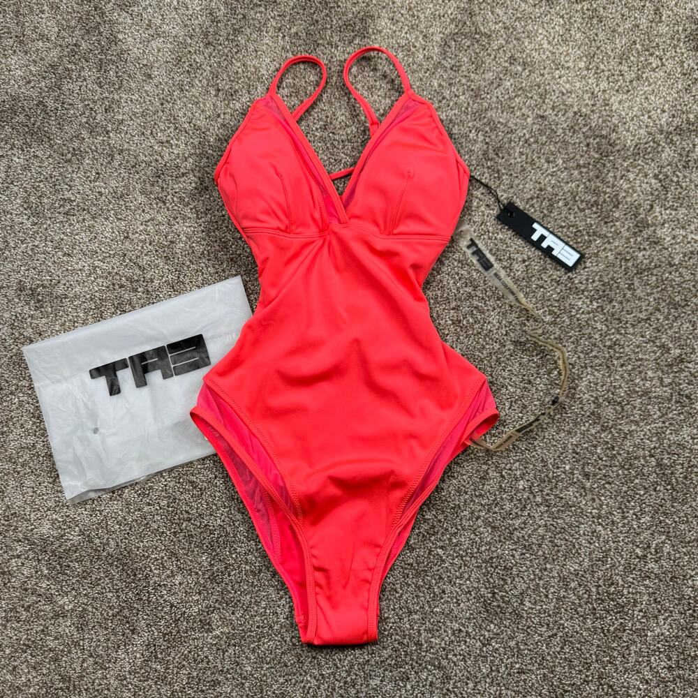 TA3 Sculpting Swimsuit Meshy One Piece XS X-Long Hot Coral NWT $170 Sexy